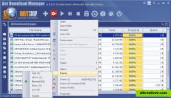 The Ant Download manager main screen and context menu