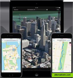 Maps. Maps take a whole new turn.
Designed by Apple from the ground up, Maps gives you turn-by-turn spoken directions, interactive 3D views, and the stunning Flyover feature.1 All in a beautiful vector-based interface that scales and zooms with ease.