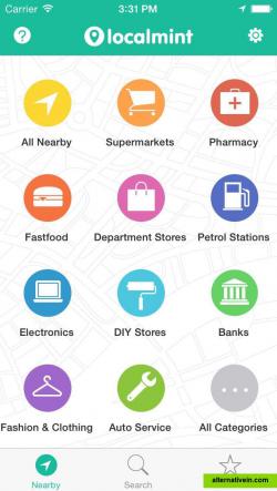 The homescreen enables users to search by store category from their current location with a single tap of the screen. Multiple category options are provided, including an all nearby function.