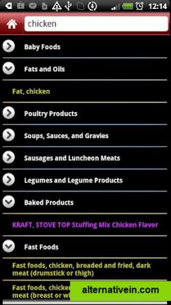 Search results for a food item