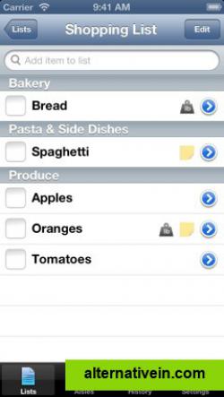 Shopping list items with quantities and/or notes associated have an icon to represent such information.