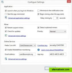 Configure Settings

MultiMiner supports features such as relaunching crashed miners, starting with Windows, minimizing to the notification area, and mining on startup.
