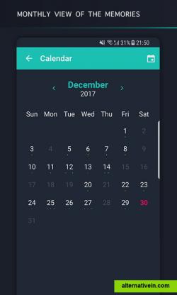 The calendar page! From here you get
- Summary of your monthly memories, favorites and jars
- Add memories directly from the calendar
- Filter through calendar to overview your monthly memories.
- Dot preview representing a memory of the day