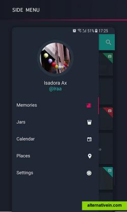 From the side menu you can toggle between memories, Jars, Calendar, Places you have memories in and settings. 