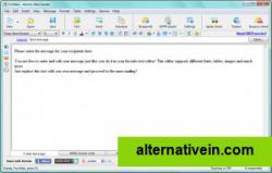 Atomic Mail Sender’s email message  editor with main menu and toolbar for configuring the program.