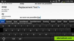Text expander keyboard in landscape mode, the blue button offers a complete phrase to insert