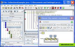 jGRASP screenshot showing CSD and a linked list debugger viewer