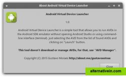 "About" window of 1.0 version of AVD Launcher, with program info and its version.