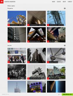 Photographer website - "Work" page shows photosets by category (features, projects, series...). Thumbnails are created automatically from the first photoset image.