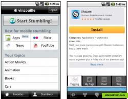 Tap "Apps" in the StumbleUpon mobile app for Android (left) to stumble through the best apps in the Android Market (right), recommended just for you.
