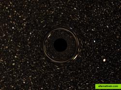 A simulation of gravitational lens effect around the black hole in the centre of the milky way. 
It is believed that there is a giant black hole, called Sagittarius A*, in the center of our Galaxy. You will be able to see stellar systems orbiting around it. You will also see a gravitational lens effect caused by distortions in the space-time around the black hole. 