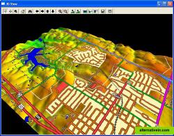 Global Mapper displaying 3D ground terrain and GIS shapefile data