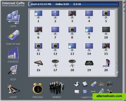 Main Internet Cafe server screen shows client computer icons with different status, console icons, tables, Billiard.