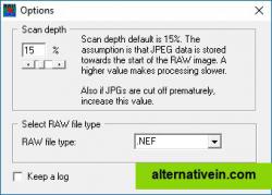 Set scan depth and select RAW photo type