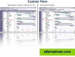 Custom views screenshots show similar look and feel in Housatonic Project Viewer and Microsoft Project
