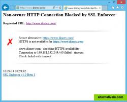 SSL Enforcer has blocked non-secure connection and offers to proceed with a secure alternative in manual mode (as seen in browser).
