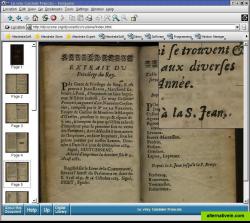 DjVu version of a 16th century book scanned at 300dpi. The magnifier in the upper right corner shows the document at the scanning resolution (one screen pixel per document pixel). The page occupies 33KB. The plug-in's integrated thumbnail feature is shown on the left.