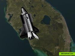 A closeup of the space shuttle Discovery in orbit over Florida; this shot demonstrates Celestia's virtual texture feature for extremely high resolution mapping of planets.