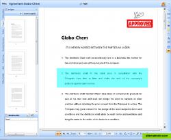Multi-page document opened in its own separate window. Some text is highlighted, and Stamp and Signature are applied on the document. Expanded 'Pages' tab is seen towards the left.
