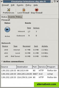 The Firestarter status pageThe Firestarter status interface shows the state of the firewall and the network at a glance.The active connections list shows all the connections tracked by the firewall, including traffic routed through the firewall. It can also tell you which program the connection belongs to.