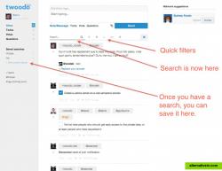 Twoodo's home feed with an explanation of the search feature, saved-search feature and filters